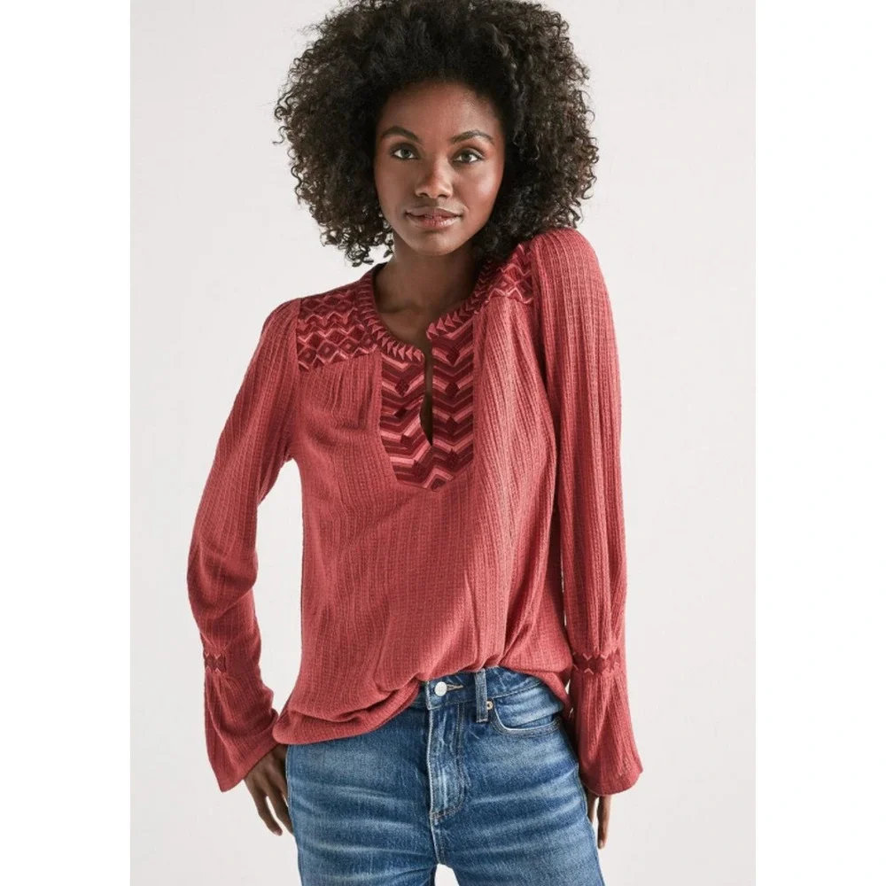Lucky Brand Drop Needle Sweater Womens M Medium Rosy Embroidered Linen Blend